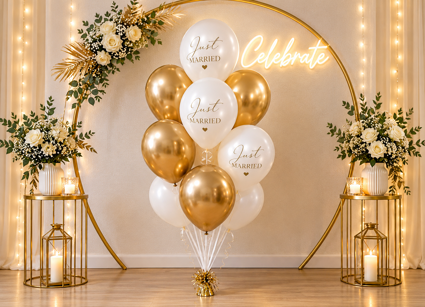 The white and gold wedding bouquet.