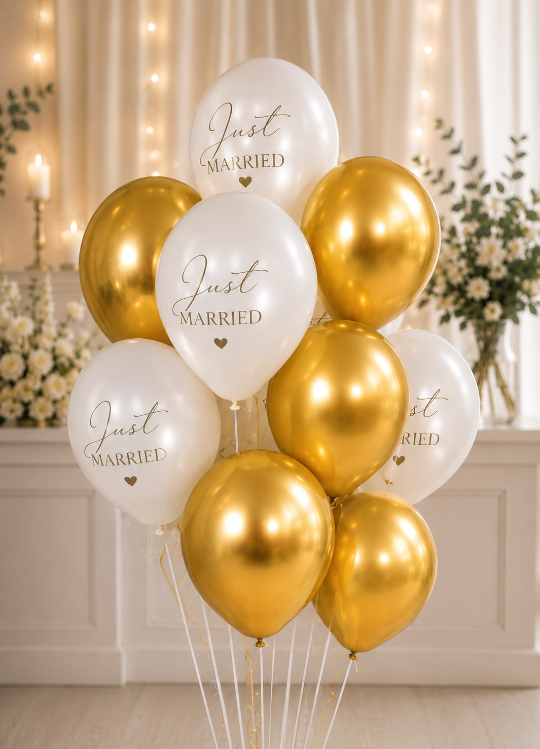 The white and gold wedding bouquet.
